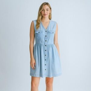 denim mini dress 90s‎ vintage Liz Wear faded sleeveless chambray jean dress